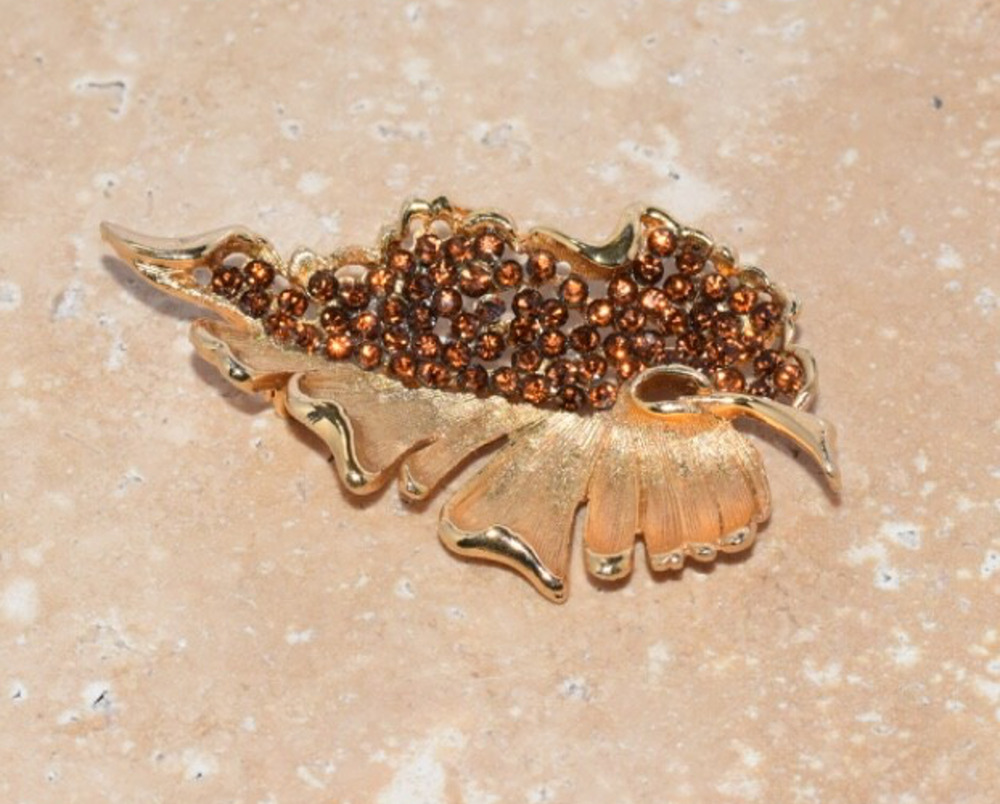 Swarovski Crystal BSK Brushed and Shiny Gold Plated Leaf Statement Brooch